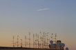 Silhouette of television antennas on rooftop