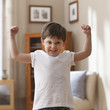 Caucasian boy flexing muscles