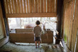 Caucasian boy feeding horse on farm