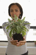 African American woman holding plant