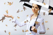 Business woman under money rain with umbrella
