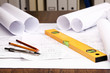 Photo: Tools and papers with sketches Tools and papers with sketches