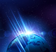 Planet earth in the bright rays of light. Vector