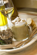 Flavored coffee drink with chocolate brownie, bread and dessert wine