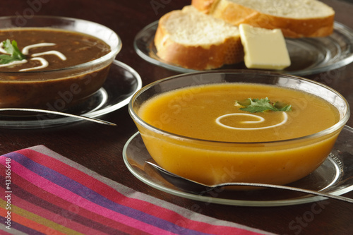 Photo: Squash soup selection served with bread and butter Squash soup selection served with bread and butter