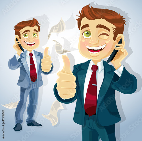 Vector: Cute businessman reported good news on the phone Cute businessman reported good news on the phone
