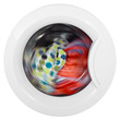 Washing machine door with rotating garments inside