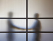 Businessmen shaking hands behind glass wall in office