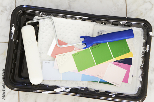 Photo: Paint roller, tray and color swatches Paint roller, tray and color swatches