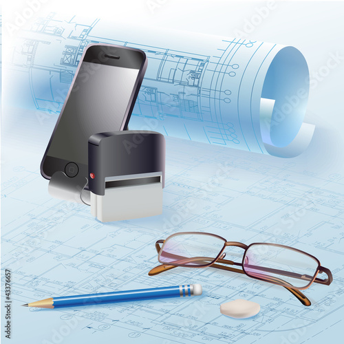 Ilustração: Architectural background with rolls of drawings Architectural background with rolls of drawings