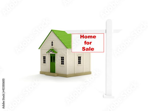 Illustration: 3d illustration: Agency sales of homes. A sign and a house 3d illustration: Agency sales of homes. A sign and a house