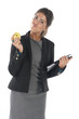 Waist up, healthy young executive woman, eating an apple.