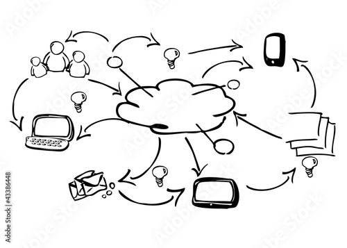 Illustration: Cloud computing social media apps black and white sketch Cloud computing social media apps black and white sketch