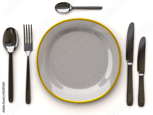 Illustration: White empty plate with fork, spoon and knife on white White empty plate with fork, spoon and knife on white
