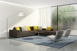 Modern contemporary fresh living room, outdoor view yard