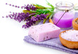 lavender soap, bath salt and candle isolated on white background