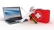 Laptop with tools and a first aid kit on a white background