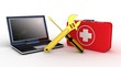 Laptop with tools and a first aid kit on a white background