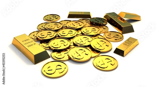Illustration: Dollar money and gold ingot isolated on white background Dollar money and gold ingot isolated on white background