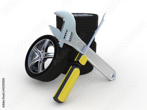 Illustration: Wheel and Tools on white background. Isolated 3D image Wheel and Tools on white background. Isolated 3D image