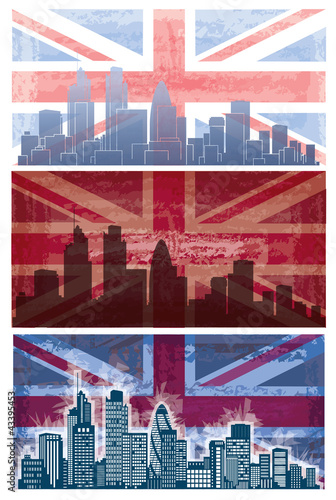Vector: Vector of British flag grunge background with London city Vector of British flag grunge background with London city