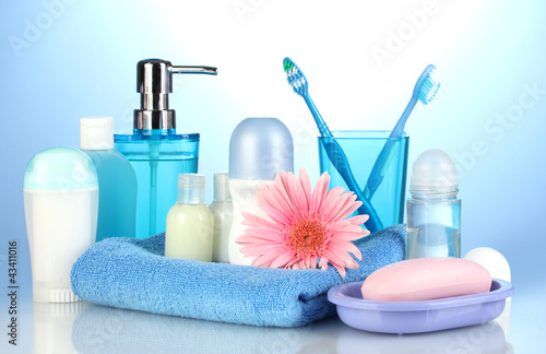 Photo: bathroom setting on blue background bathroom setting on blue background