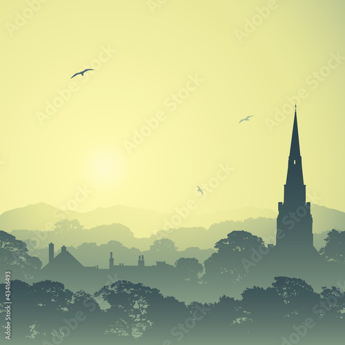 Vector: A Country Landscape with Church Spire and Trees A Country Landscape with Church Spire and Trees