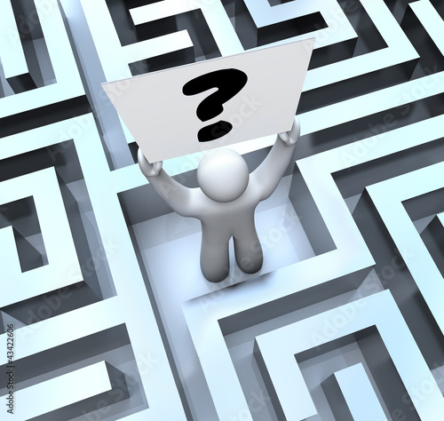 Illustration: Person Holding Question Mark Sign Lost in Maze Labyrinth Person Holding Question Mark Sign Lost in Maze Labyrinth