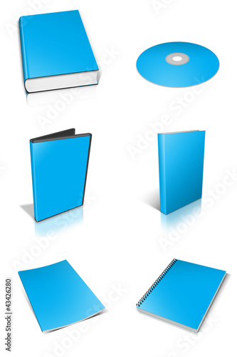 Illustration: Blank book , DVD, Box on white background Blank book , DVD, Box on white background