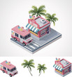 Vector isometric ice cream store and truck