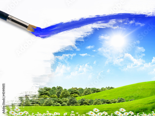 Photo: Paint brushes and landscape image Paint brushes and landscape image