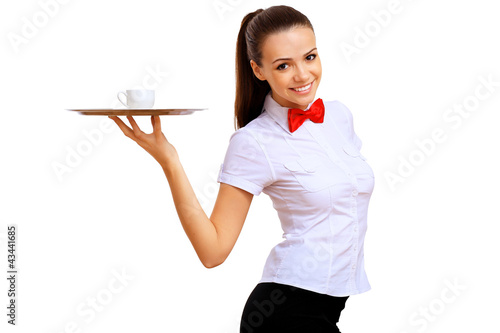 Photo: Young waitress in a white blouse Young waitress in a white blouse