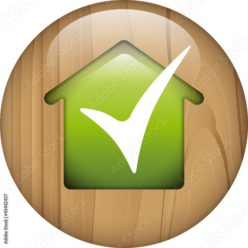 Vector: wooden button with green house and ok wooden button with green house and ok