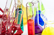 Photo: Laboratory glassware with various colored liquids Laboratory glassware with various colored liquids