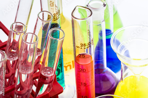 Photo: Laboratory glassware with various colored liquids Laboratory glassware with various colored liquids