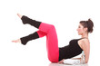 beautiful young brunette woman stretching muscles arms isolated