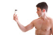 holding a boxes with supplements on his biceps