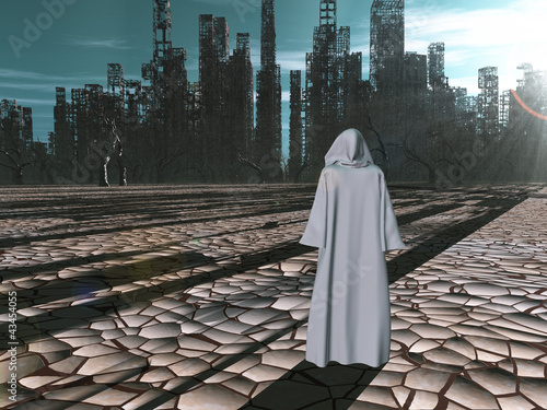 Illustration: Traveler before the destroyed city Traveler before the destroyed city