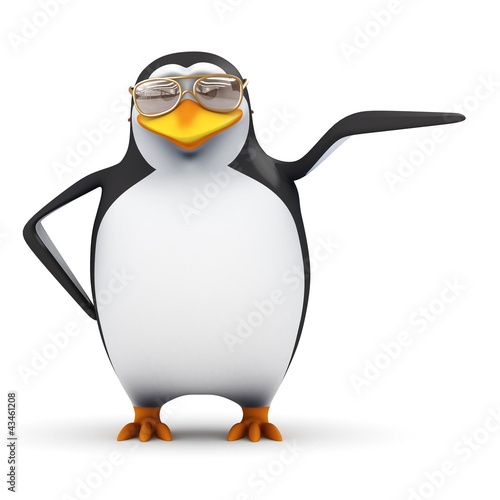 Illustration: 3d Penguin in aviator glasses points to side 3d Penguin in aviator glasses points to side