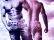 artwork made of sexy and musculair man in blue and purple smoke