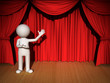 3d man presenting your product over red curtain background