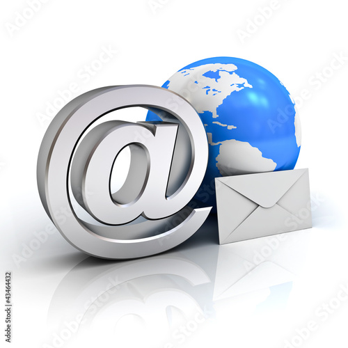Illustration: Email concept, Metal at sign, blue globe and white envelope Email concept, Metal at sign, blue globe and white envelope