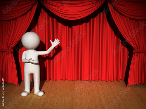 Illustration: 3d man presenting your product over red curtain background 3d man presenting your product over red curtain background
