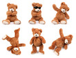Teddy bears in different poses on white background