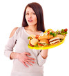Woman holding hamburger.