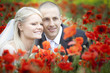Bride and groom in blooming poppy field