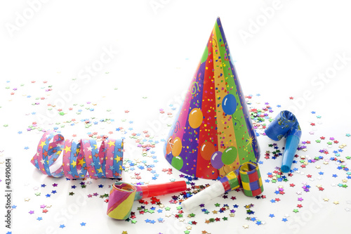 Photo: Party birthday new year items on white background Party birthday new year items on white background