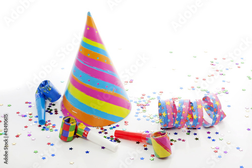 Photo: Party birthday new year items on white background Party birthday new year items on white background