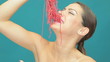 Video: Beautiful woman eating strands of jelly Beautiful woman eating strands of jelly