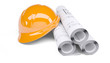 Rolls of architectural drawings and orange construction helmet